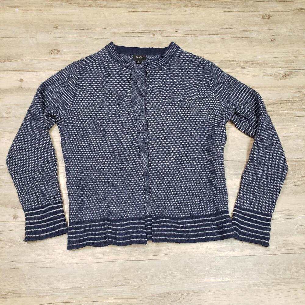 J.Crew Cardigan Sweater Womens Large Navy Merino Wool Blend Open Front AS324